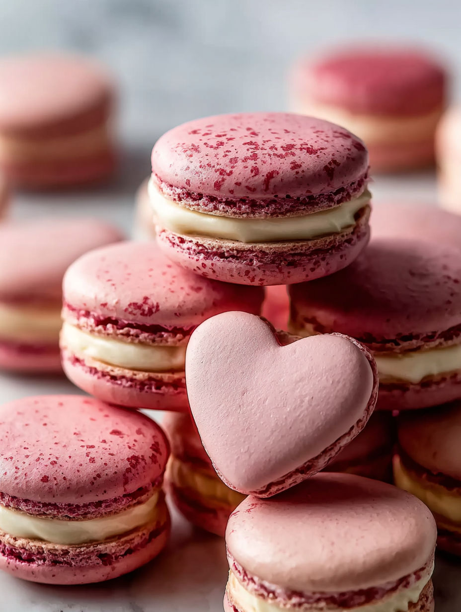 A stack of heart-shaped macarons.