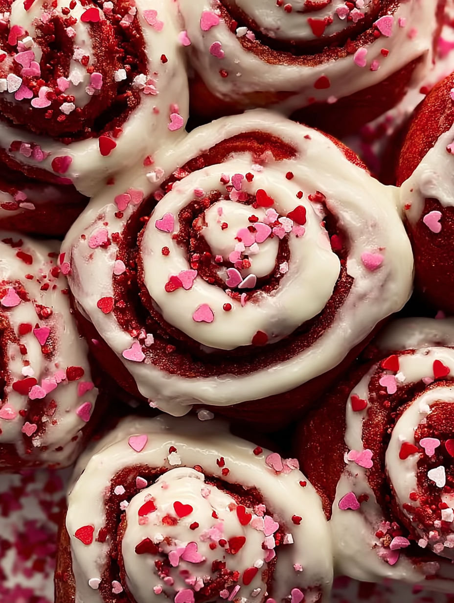 Red velvet cinnamon rolls with white frosting.