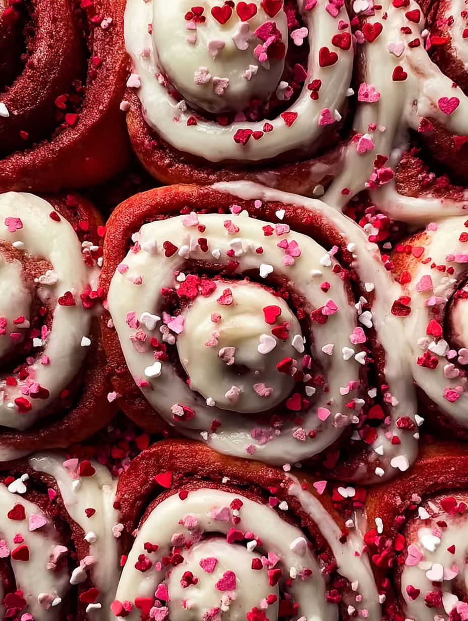 Red velvet cinnamon rolls with pink sprinkles.