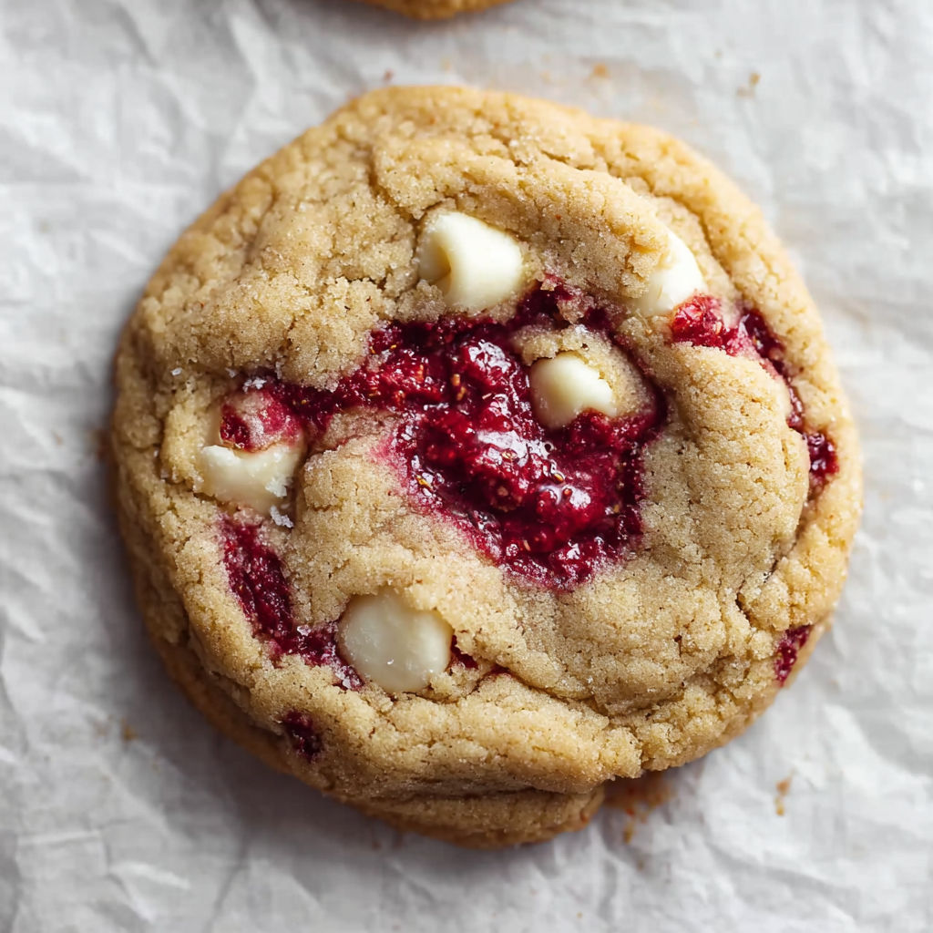 A close up of a white chocolate raspberry cookie.