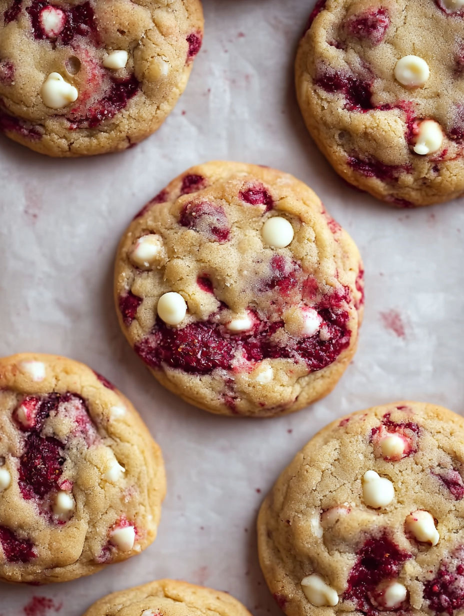 White chocolate raspberry cookies on a tray.