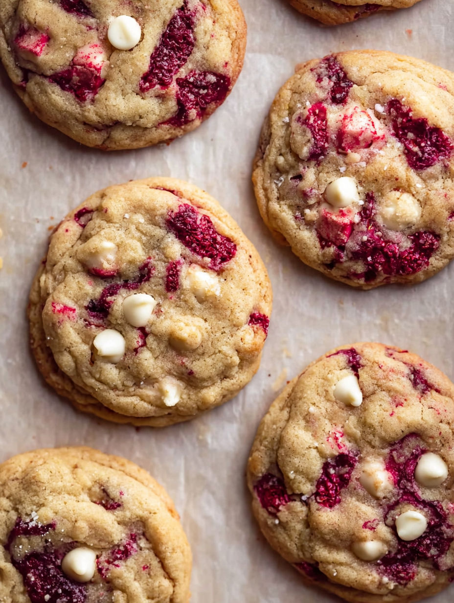 White chocolate raspberry cookies on a table.