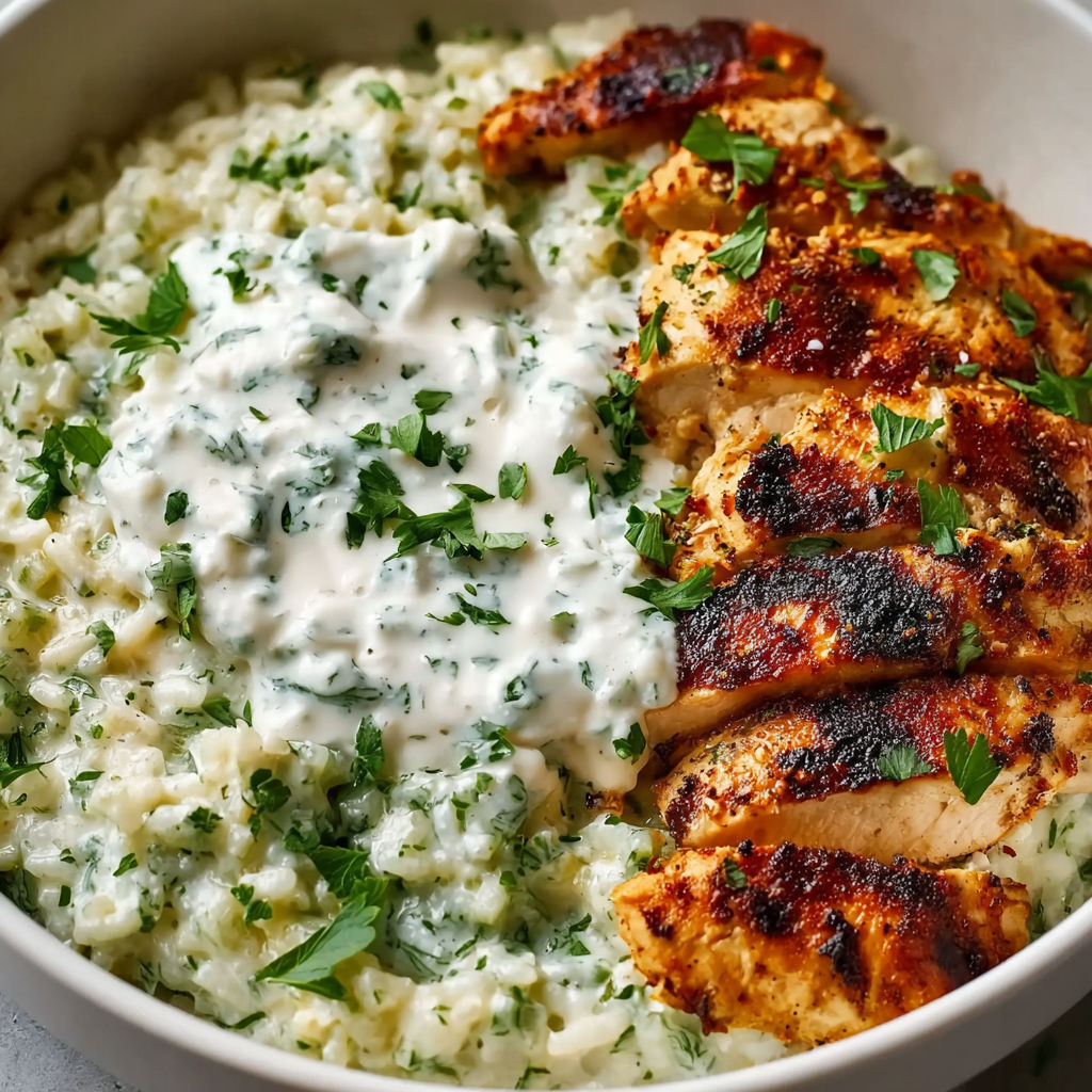 A bowl of food with chicken and rice.