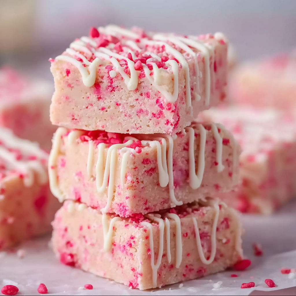 A stack of pink and white sugar cookies with white icing.
