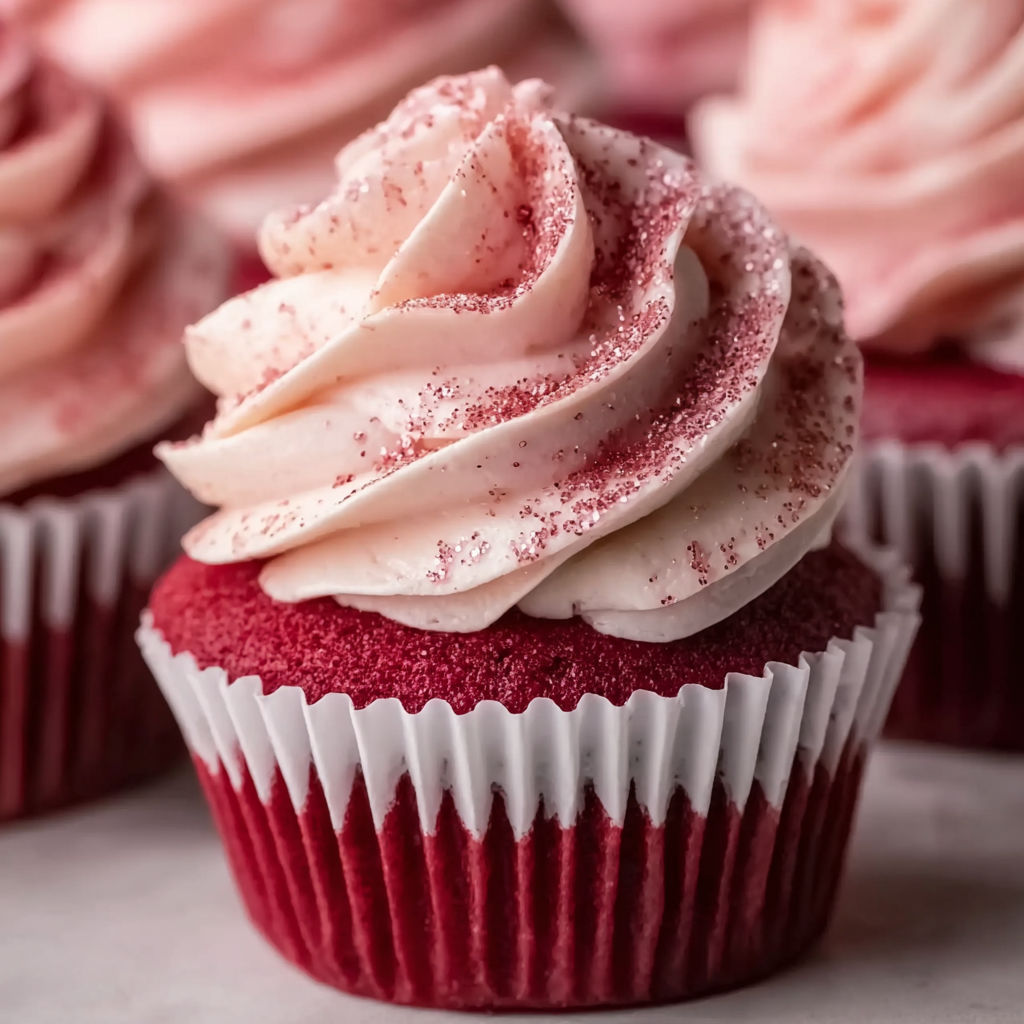 Red velvet cupcake with white frosting.