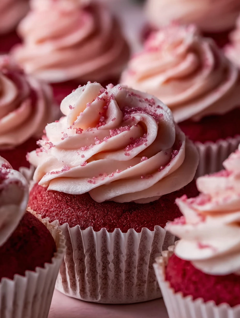 Pink velvet cupcakes with vanilla buttercream.