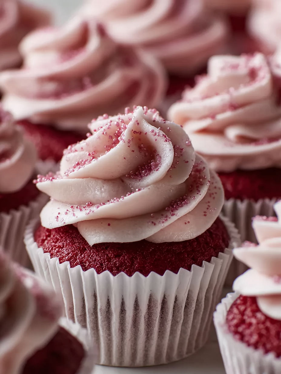 A pink cupcake with white frosting and sprinkles.