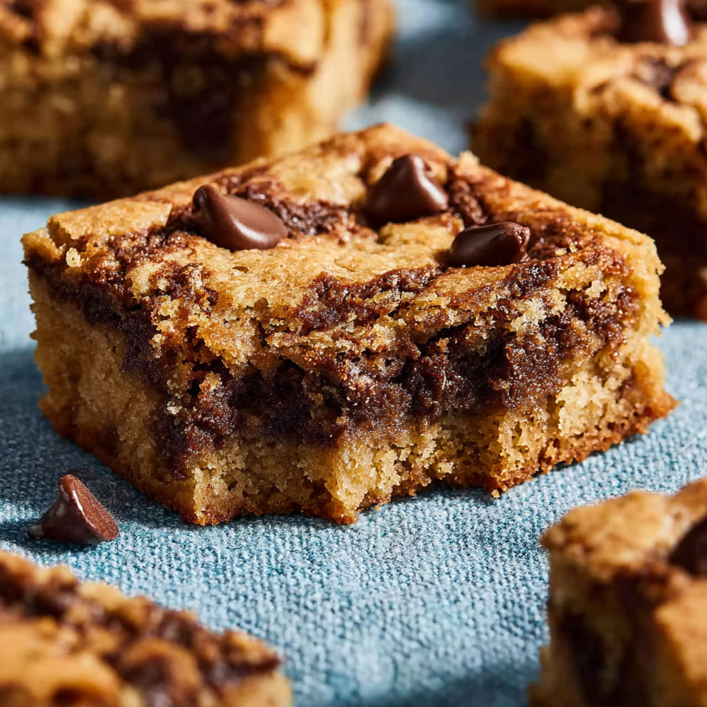 A piece of chocolate chip banana bread blondie.