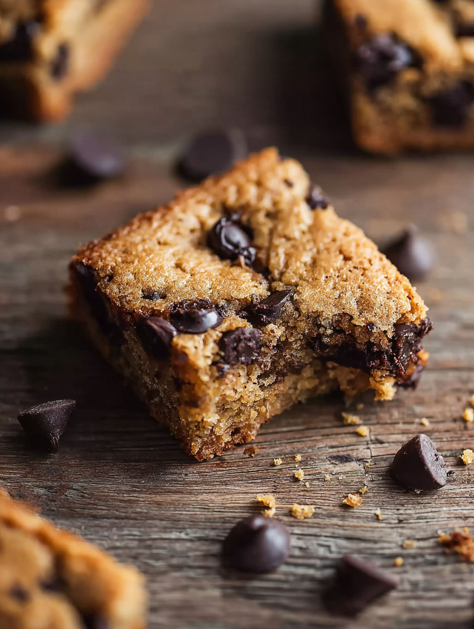 A slice of banana bread blondie with chocolate chips.