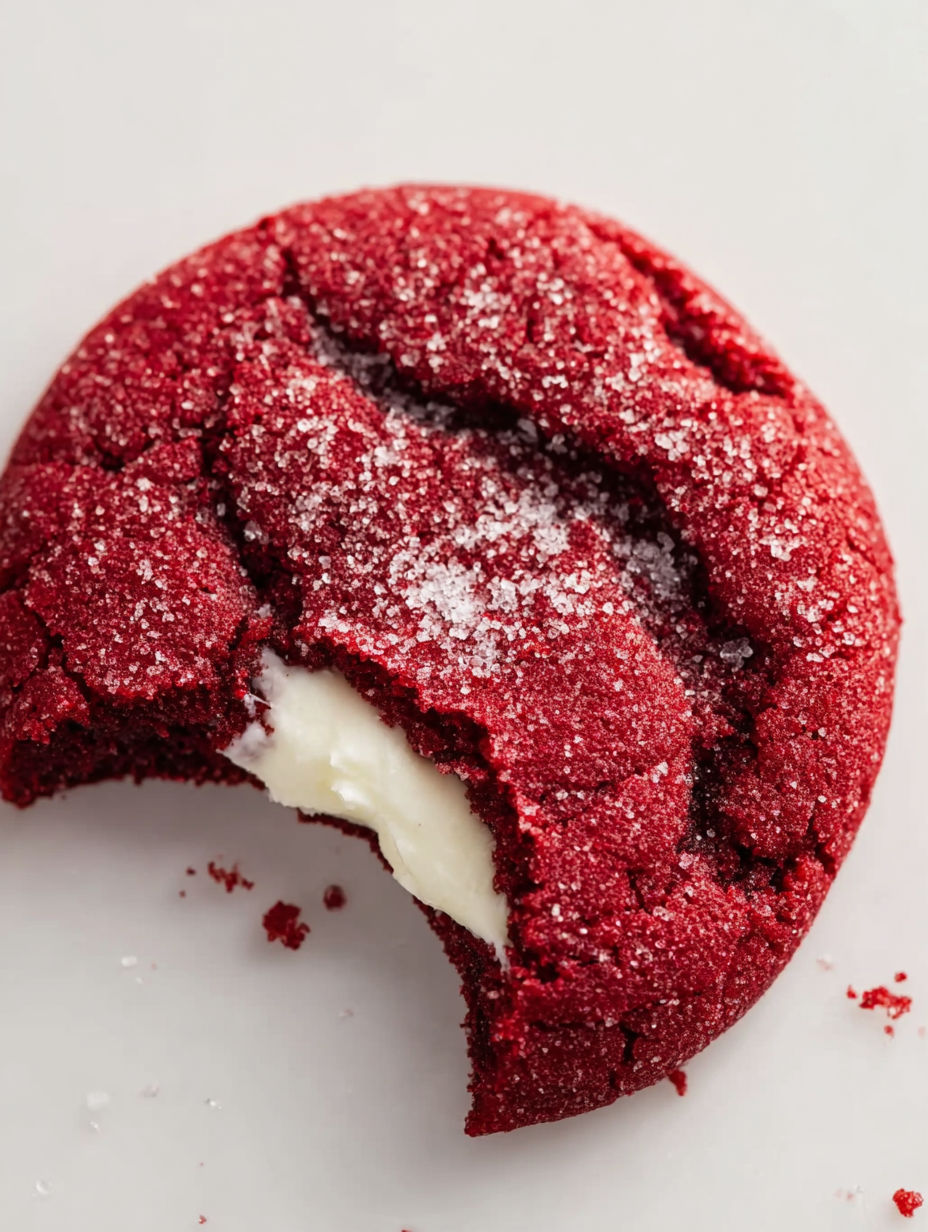 A red velvet cheesecake cookie with white frosting.
