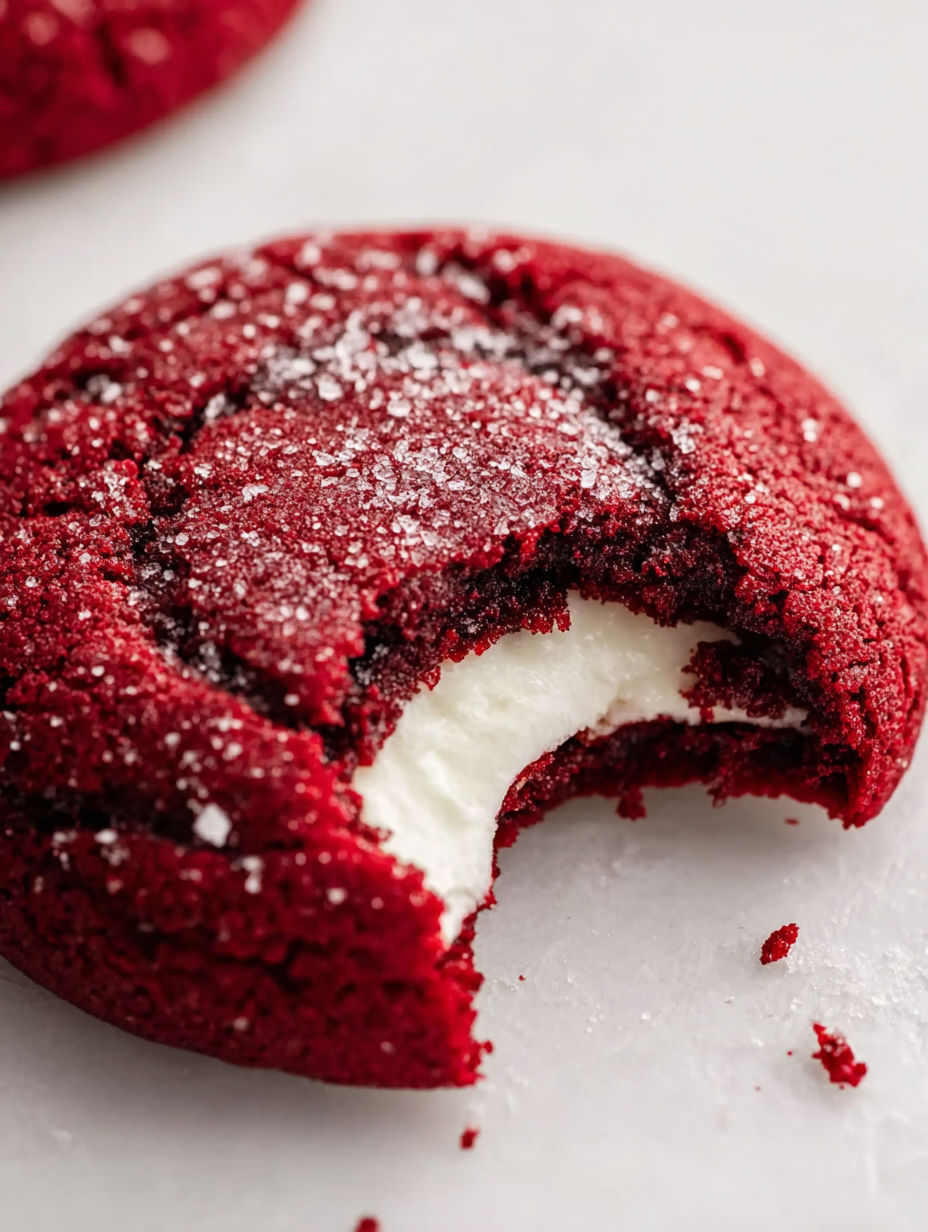 A red velvet cheesecake cookie with white frosting.