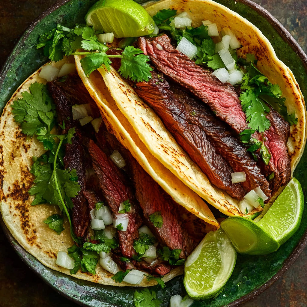 A plate of skirt steak tacos with onions and limes.