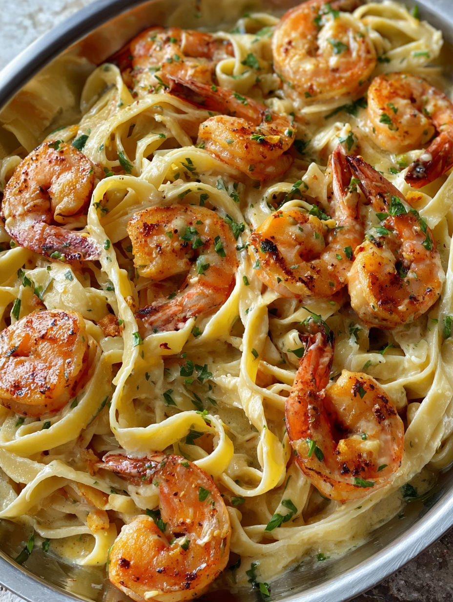 A dish of pasta with shrimp and parsley.