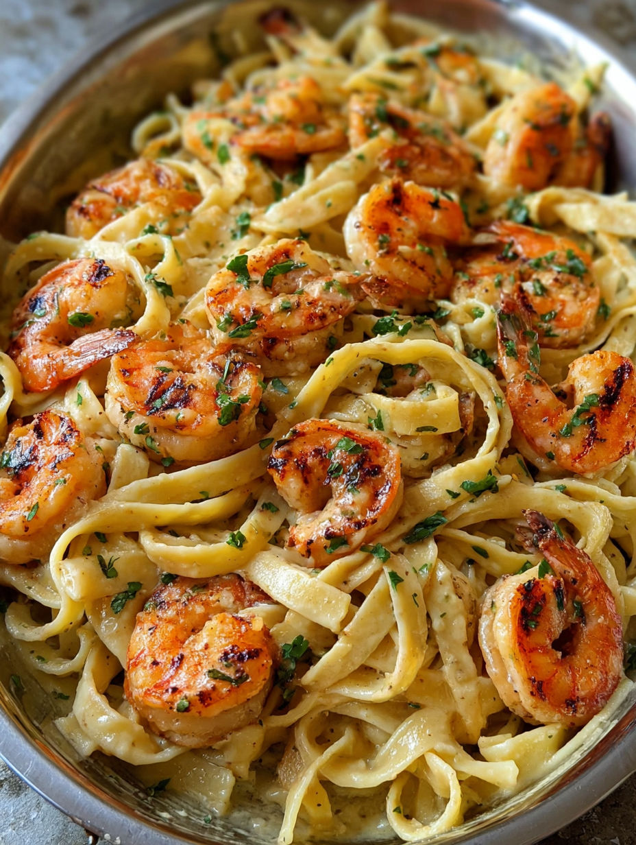 A bowl of pasta with shrimp and herbs.