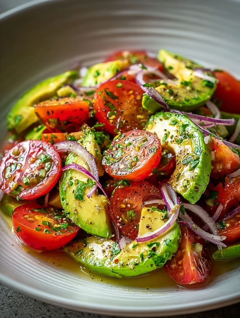 A bowl of avocado and tomato salad with onions.