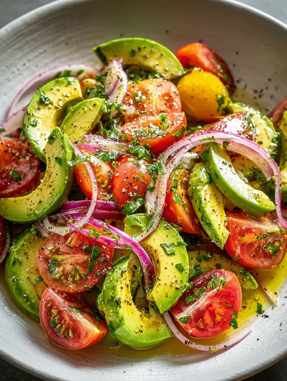 A bowl of avocado and tomato salad with onions.