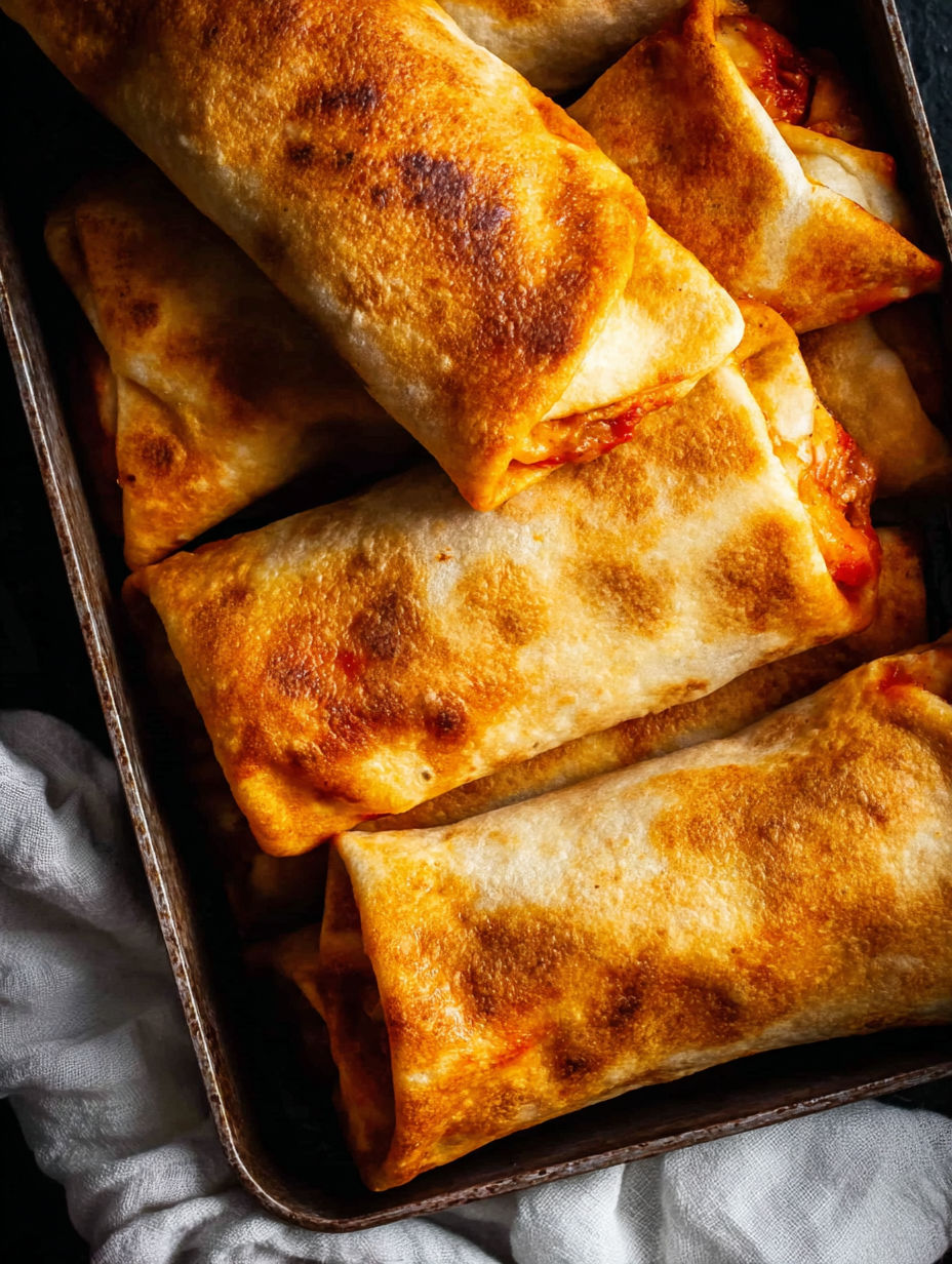 A tray of pepperoni pizza rolls.