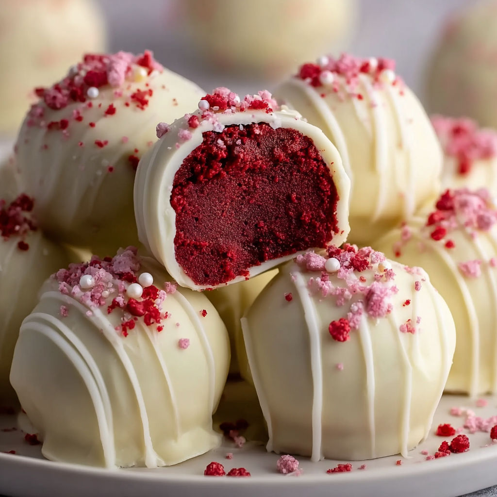 Red velvet truffles on a plate.