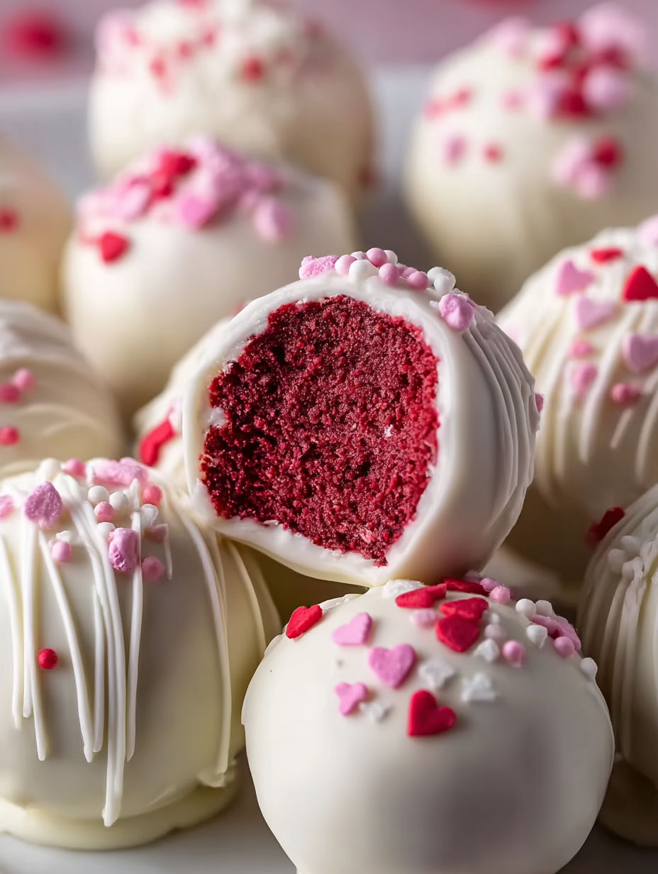 A red velvet truffle with a bite taken out of it.