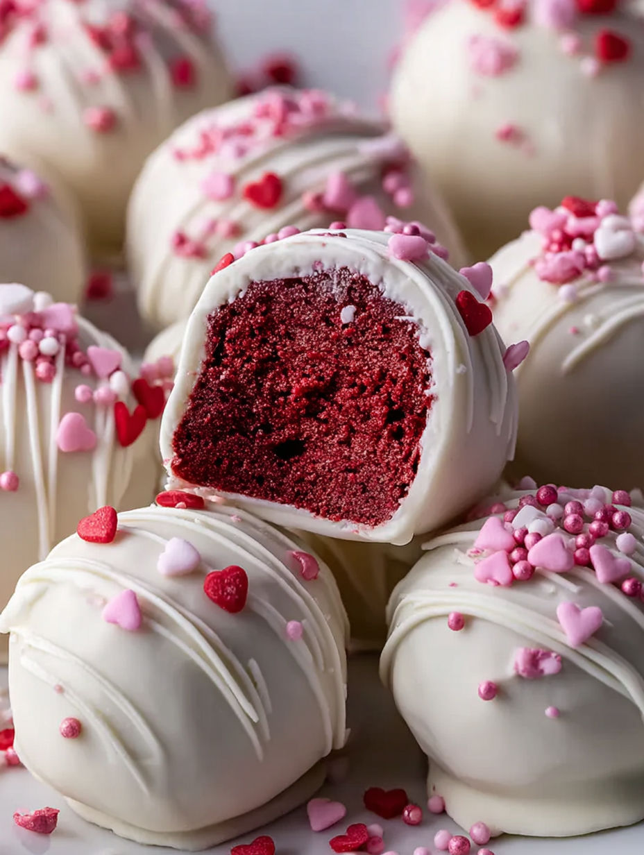 A red velvet truffle with a bite taken out of it.