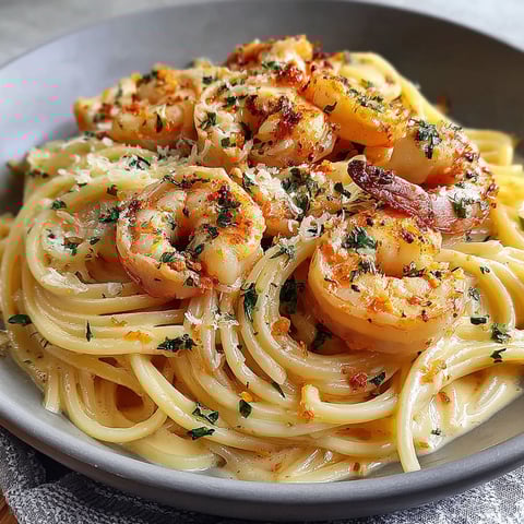 A plate of spaghetti with shrimp on top.