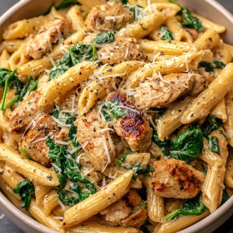A bowl of pasta with chicken and spinach.