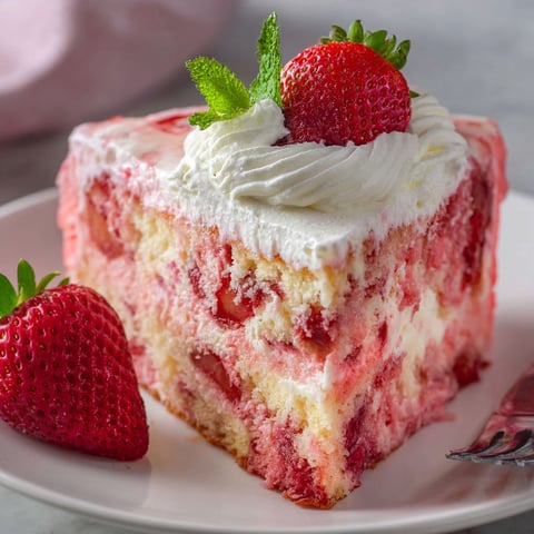 A slice of Erdbeer-Käsekuchen-Kuchen on a plate.