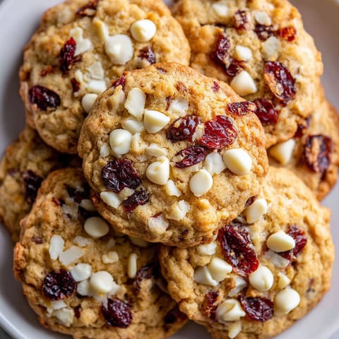 A plate of cookies with white chocolate and cranberries.