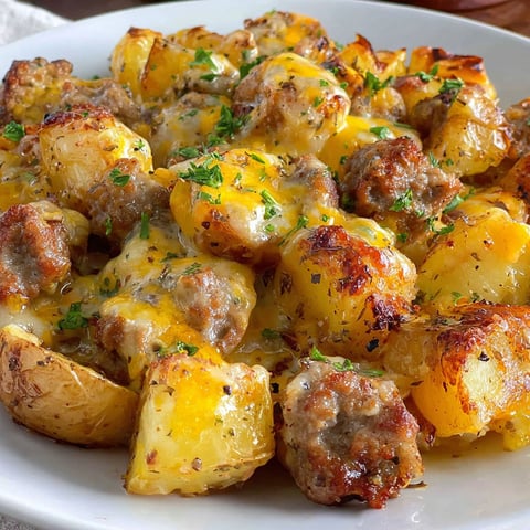A plate of cheesy ranch potatoes and sausage.