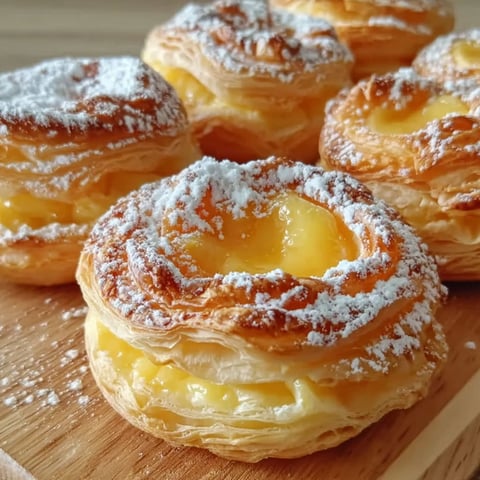 Peach Pie Cruffins on a wooden board.