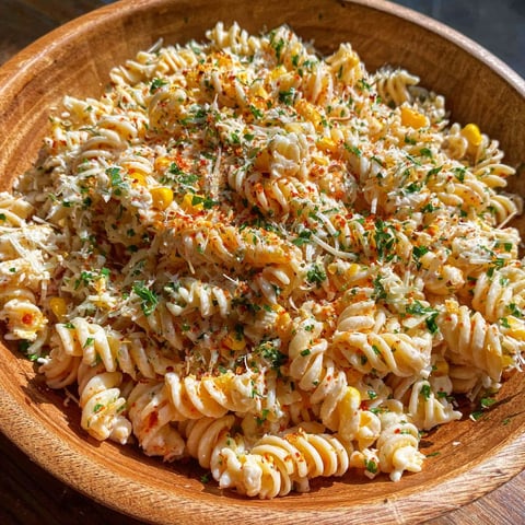 A bowl of pasta salad with corn and cheese.