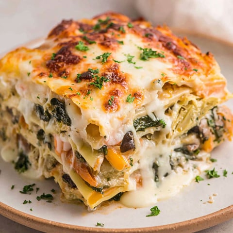 A slice of lasagna with white sauce.