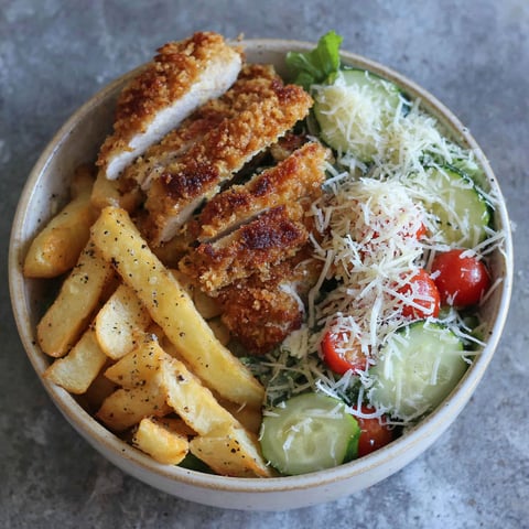 A bowl of food with chicken, fries, and salad.