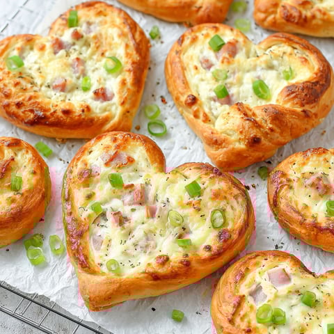 A plate of heart shaped pastries with cheese and ham.