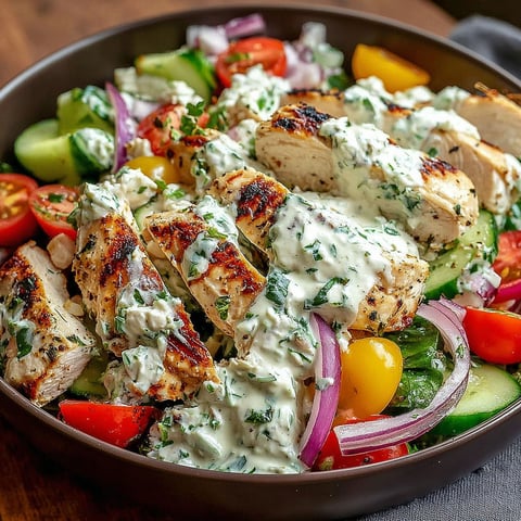 A bowl of chicken salad with tomatoes, cucumbers, and onions.