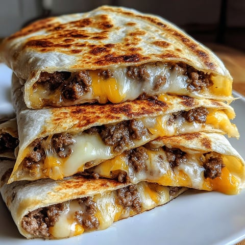 A stack of cheeseburger quesadillas on a plate.