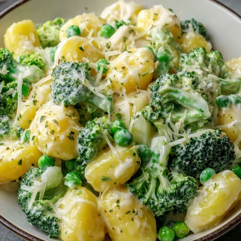 A bowl of food with broccoli and potatoes.