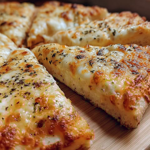 A pizza with cheese and herbs on a wooden table.