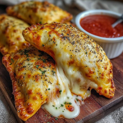 A close up of a cheesy pizza pocket.