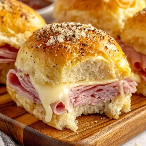 Two ham and cheese sliders on a wooden board.