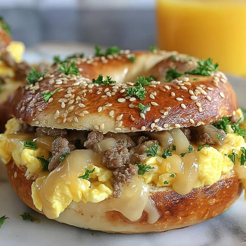 A breakfast sandwich with egg, cheese, and sausage.