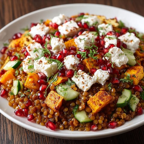 A plate of food with feta cheese and pomegranate seeds.