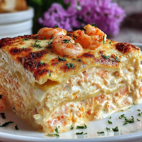 A plate of lasagna with shrimp on top.