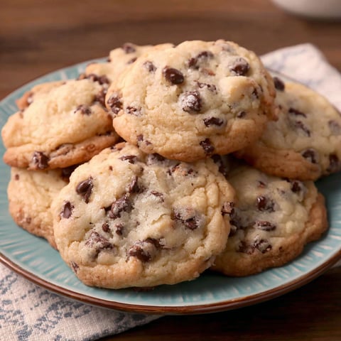 A plate of chocolate chip cookies with chocolate chips on top.