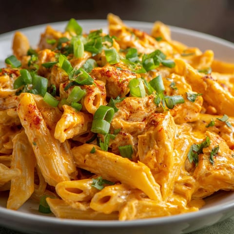 A plate of cremige buffalo chicken pasta.