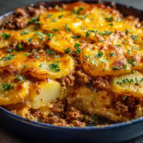 A delicious cheesy ground beef and potatoes dish.