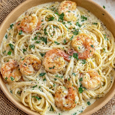 A bowl of spaghetti with shrimp and cream sauce.