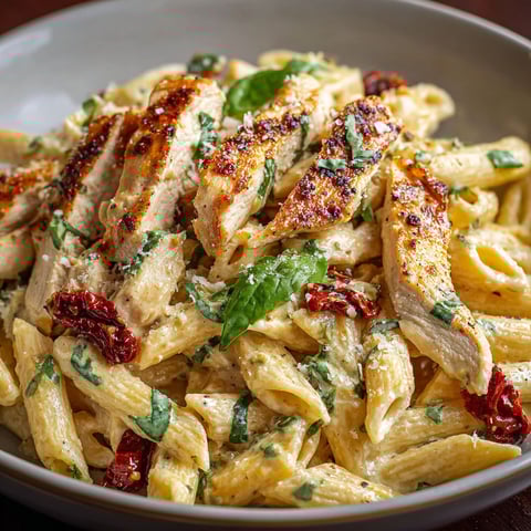 A plate of chicken and pasta.