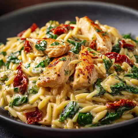 A plate of pasta with chicken and spinach.