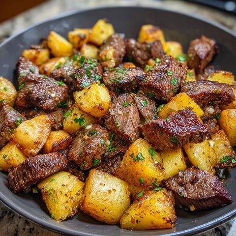 A bowl of steak bites with potatoes.